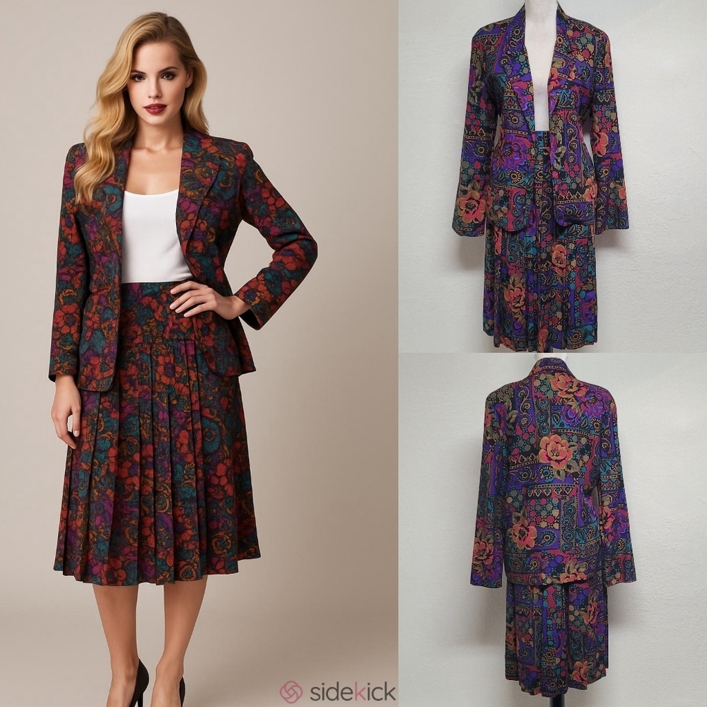 80s Vintage Toni Garment CC Magic Multi-color Mixed Print Blazer Skirt Set 8 S